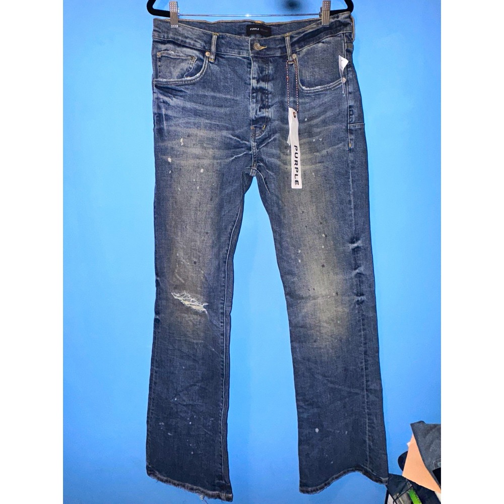PURPLE BRAND P004 Slim Flare Jeans Blue Mid Indigo Distressed Mens 36x34 NWT